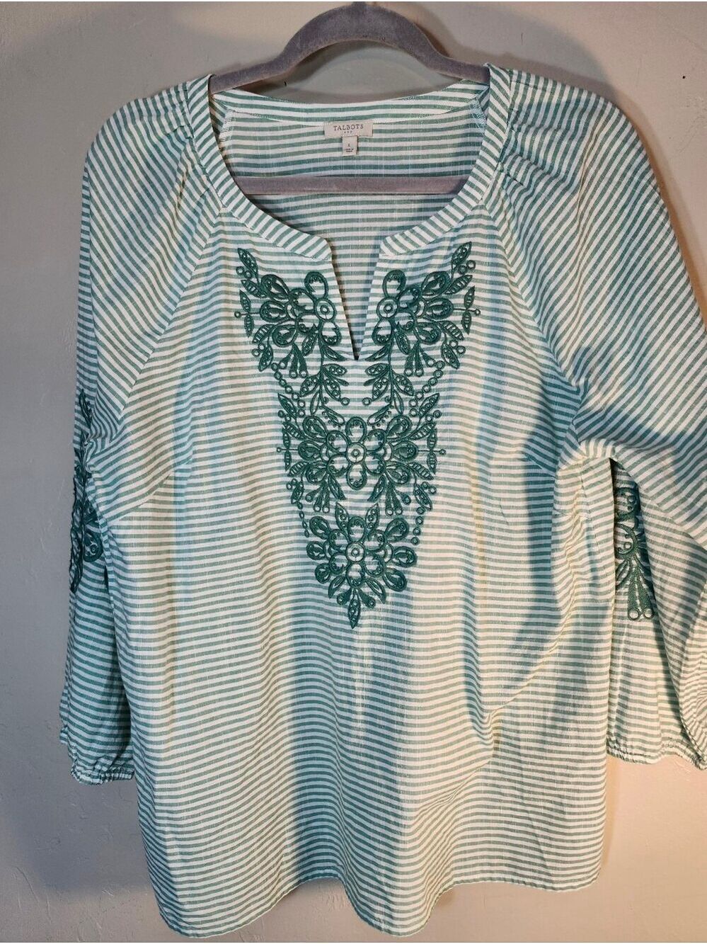 Talbots Teal and White Striped Embroidered Tunic Top